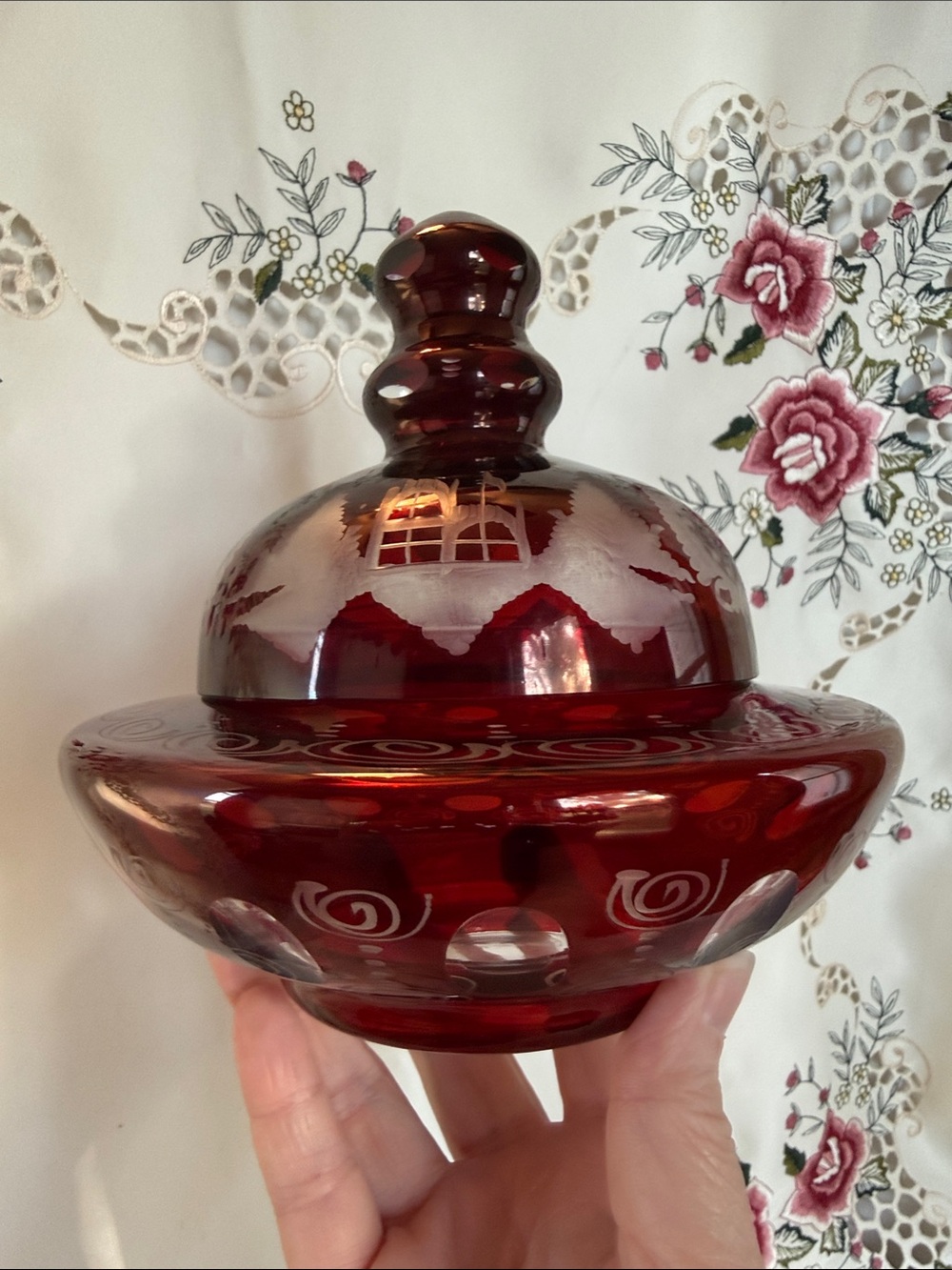 Egerman AntiqueBohemian Ruby Red Crystal Lidded Candy Bowl - Hand-Etched & Blown